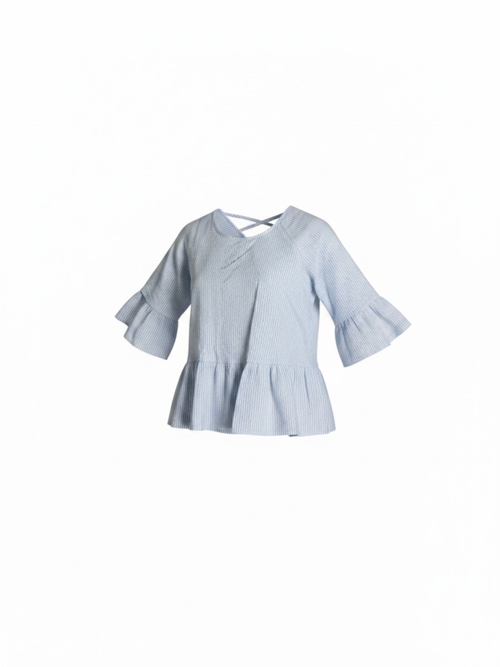 Pleione Light Blue Striped Ruffle Hem Peplum Top